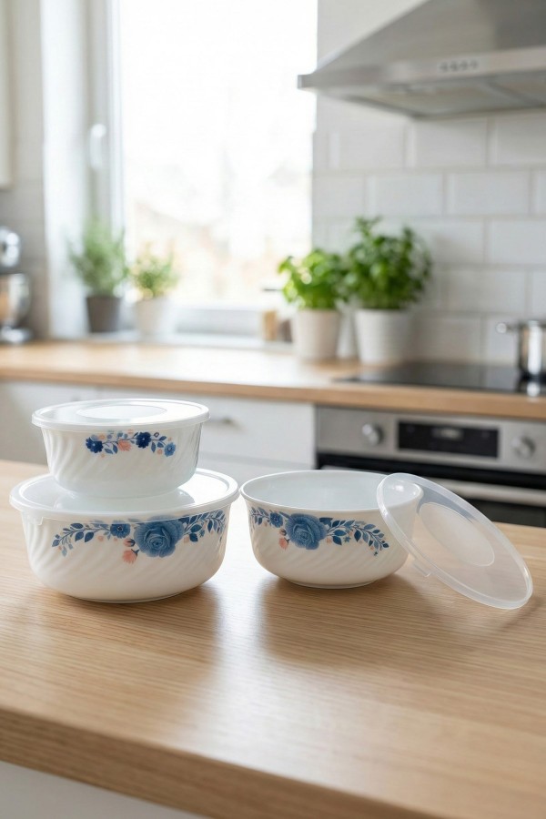 Novvo 3'lü Porselen Saklama Kabı Mavi