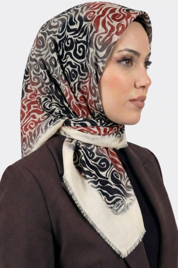 Yasemin İpek Desenli Flamlı Eşarp 6528-23