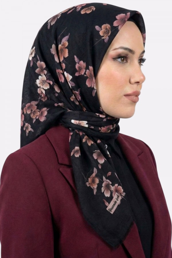 Yasemin İpek Desenli Flamlı Eşarp 6529-13