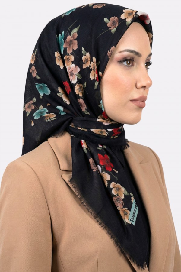 Yasemin İpek Desenli Flamlı Eşarp 6529-9