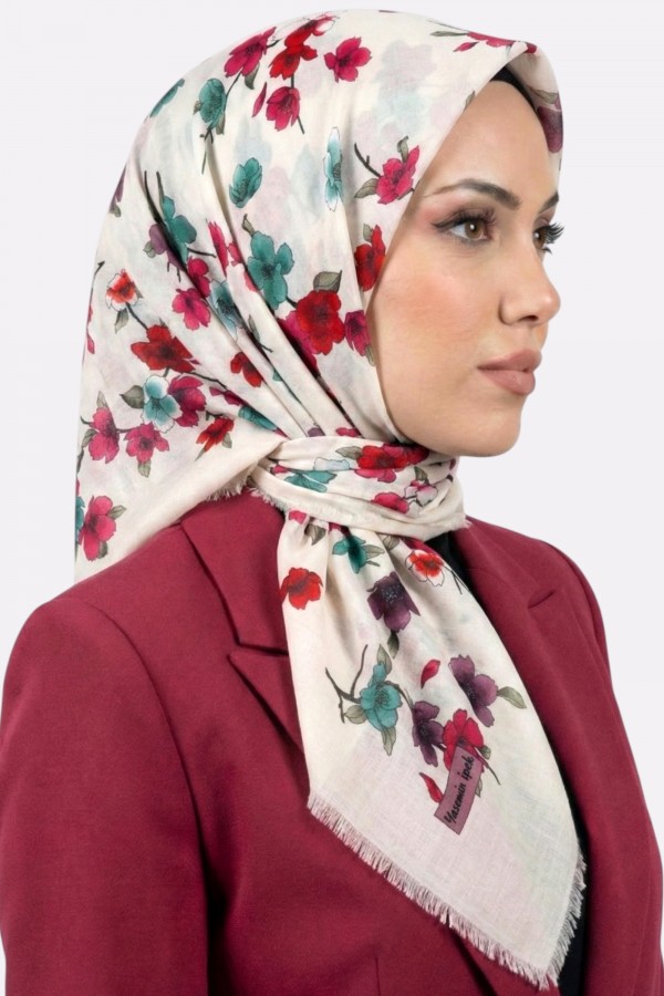Yasemin İpek Desenli Flamlı Eşarp 6529-8