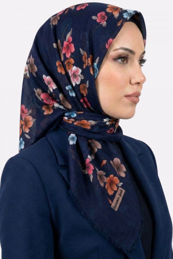 Yasemin İpek Desenli Flamlı Eşarp 6529-5