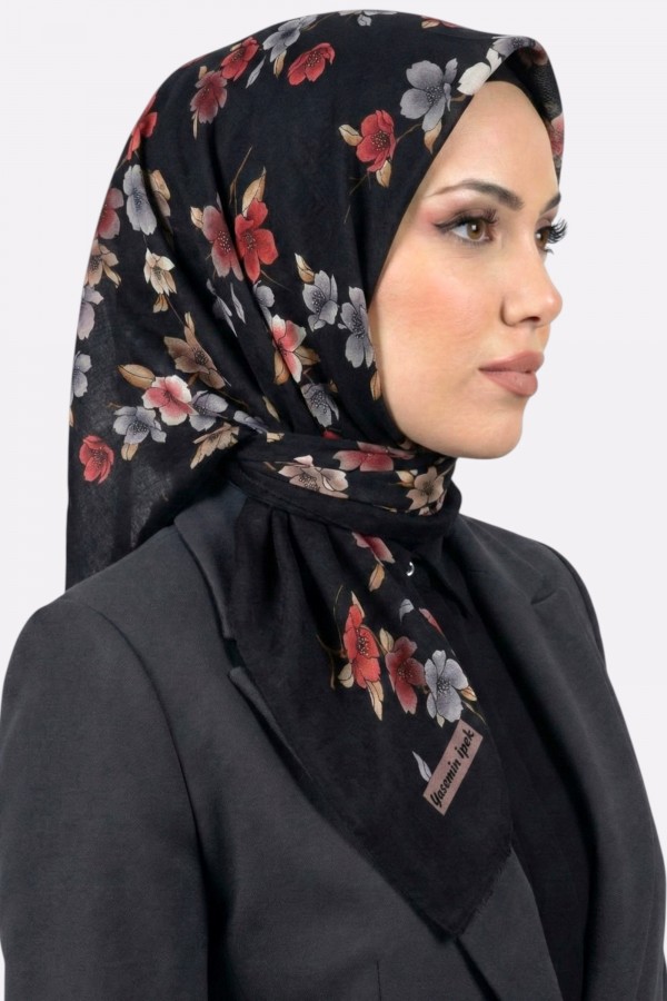 Yasemin İpek Desenli Flamlı Eşarp 6529-3