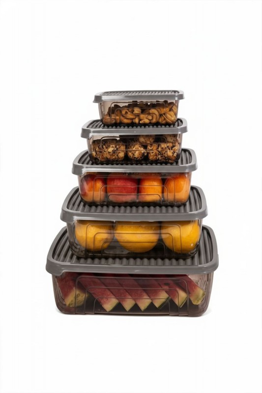 Herevin Beşli Dikdörtgen Gıda Erzak Saklama Kabı Seti (Mikrodalga ve Dondurucuya uygundur)