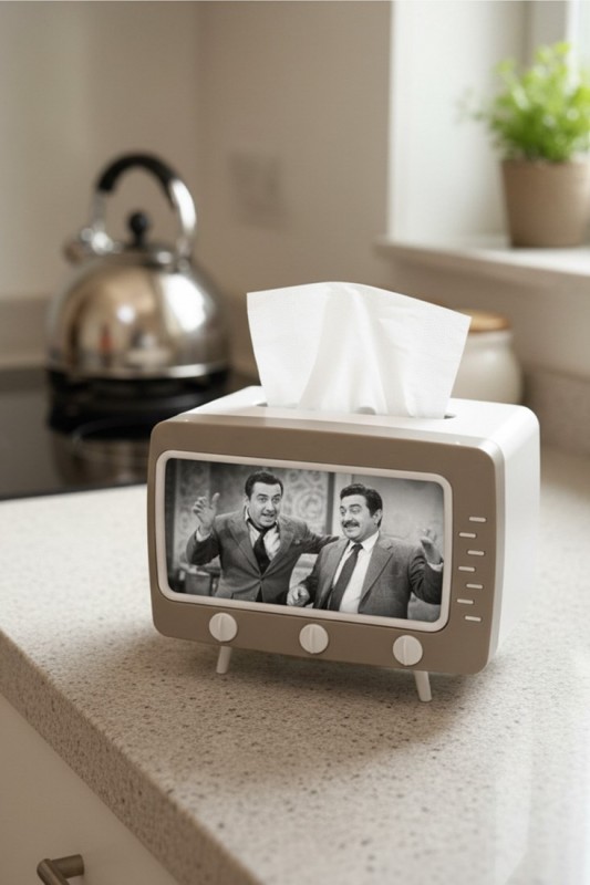 Retro TV Görünümlü Telefon Tutucu ve Peçetelik Kahverengi