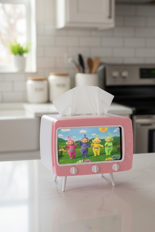 Retro TV Görünümlü Telefon Tutucu ve Peçetelik Pembe