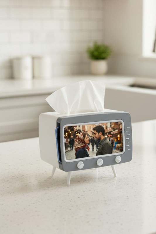 Retro TV Görünümlü Telefon Tutucu ve Peçetelik Gri