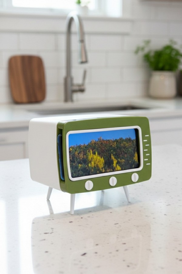 Retro TV Görünümlü Telefon Tutucu ve Peçetelik Yeşil