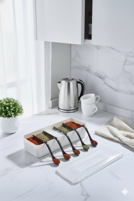 Kaşıklı Baharatlık 5 Bölmeli Baharatlık Beyaz