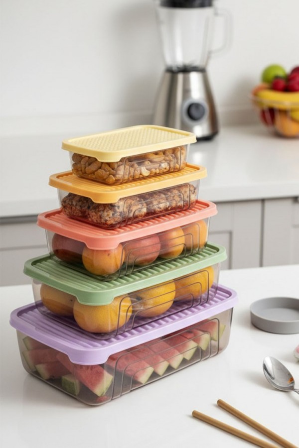 Herevin Beşli Dikdörtgen Gıda Erzak Saklama Kabı Seti (Mikrodalga ve Dondurucuya uygundur)